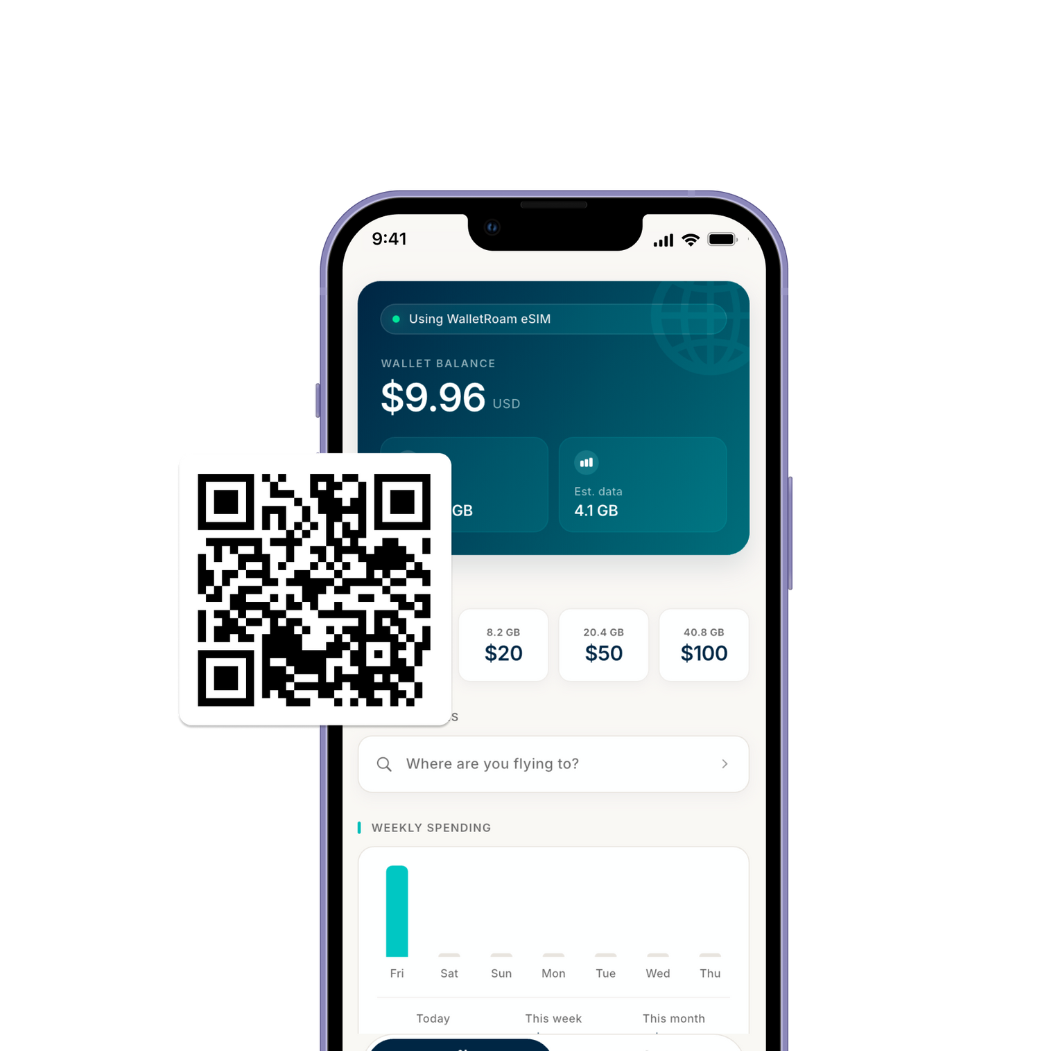 Phone screen displaying a QR code for digital wallet transaction on a white background